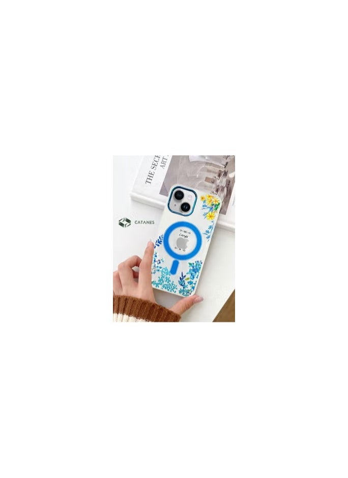 CATANES - Case for Apple iPhone 14 Floral Design Fashion Flower Compatible with MagSafe & Wireless Charging Cover BLUE - Image 1