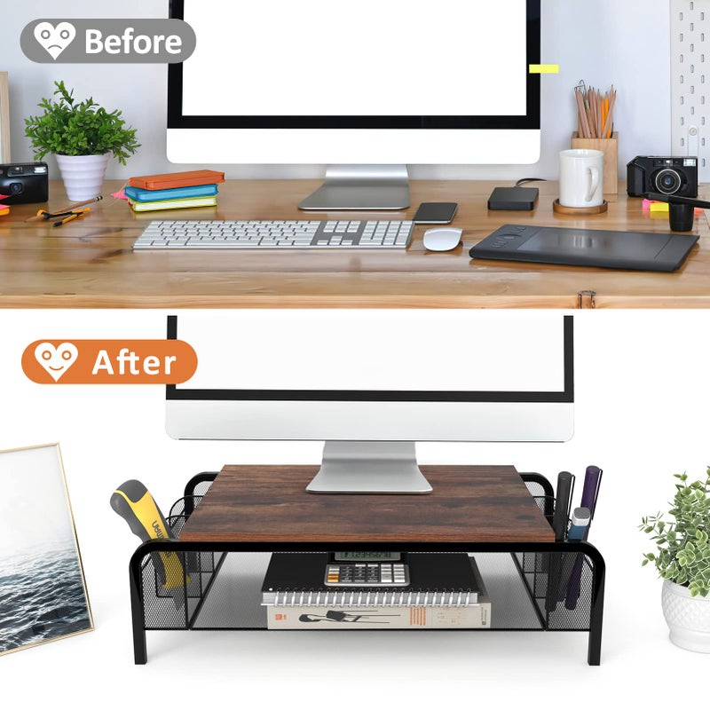 HORLIMER HORLIMER Metal Monitor Stand for Desks with Organizer Drawer, Rustic Monitor Riser for Computer, Laptop, Small Printer, Black and Brown - Image 2