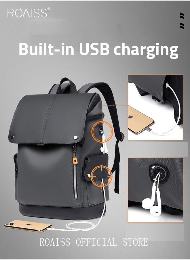 roaiss - Functional PU Leather Backpack Large Capacity Short Distance Travel Solid Color Design Workwear Style Student Backpack Computer Bag - Image 1