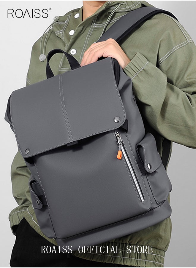 roaiss - Functional PU Leather Backpack Large Capacity Short Distance Travel Solid Color Design Workwear Style Student Backpack Computer Bag - Image 1