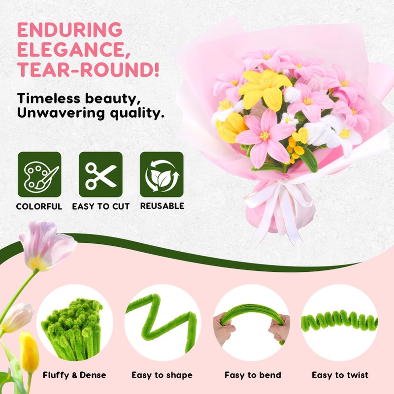 Anyeve 600PCS Pipe Cleaners Craft, Pipe Cleaner Bulk Flower Kit, 6 Colors Chenille Stems Flower Making Kit with Floral Wires, Gardening Tape, Stamen, Floral Wrapping Paper & Ribbon for Art and Craft Supplies - Image 2