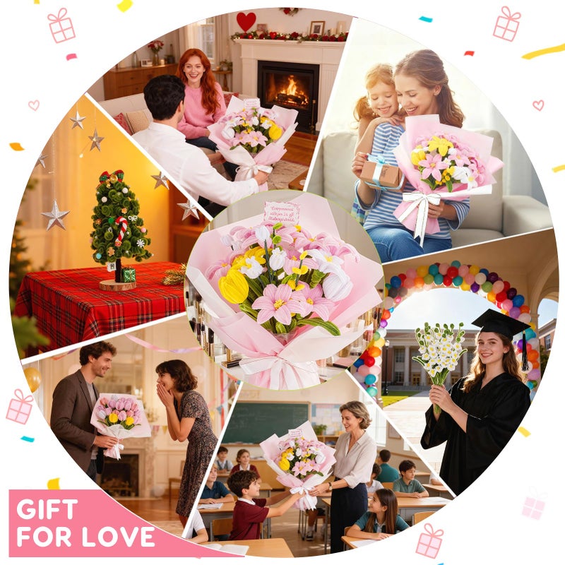 Anyeve 600PCS Pipe Cleaners Craft, Pipe Cleaner Bulk Flower Kit, 6 Colors Chenille Stems Flower Making Kit with Floral Wires, Gardening Tape, Stamen, Floral Wrapping Paper & Ribbon for Art and Craft Supplies - Image 4
