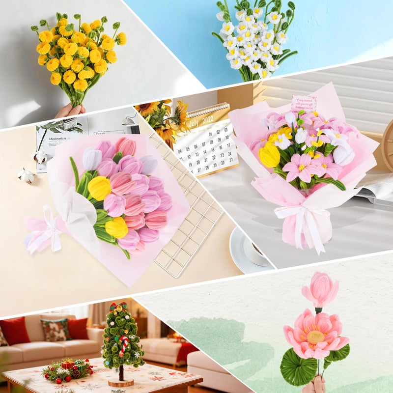 Anyeve 600PCS Pipe Cleaners Craft, Pipe Cleaner Bulk Flower Kit, 6 Colors Chenille Stems Flower Making Kit with Floral Wires, Gardening Tape, Stamen, Floral Wrapping Paper & Ribbon for Art and Craft Supplies - Image 5