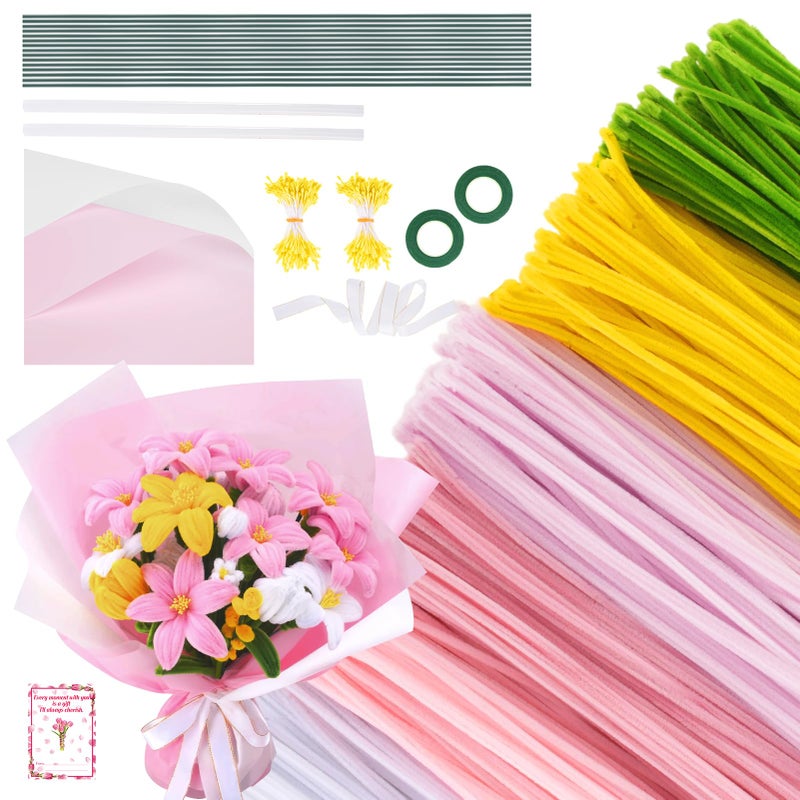 Anyeve 600PCS Pipe Cleaners Craft, Pipe Cleaner Bulk Flower Kit, 6 Colors Chenille Stems Flower Making Kit with Floral Wires, Gardening Tape, Stamen, Floral Wrapping Paper & Ribbon for Art and Craft Supplies - Image 1