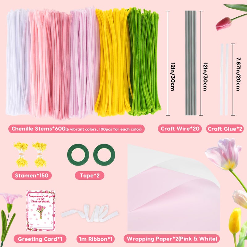 Anyeve 600PCS Pipe Cleaners Craft, Pipe Cleaner Bulk Flower Kit, 6 Colors Chenille Stems Flower Making Kit with Floral Wires, Gardening Tape, Stamen, Floral Wrapping Paper & Ribbon for Art and Craft Supplies - Image 3