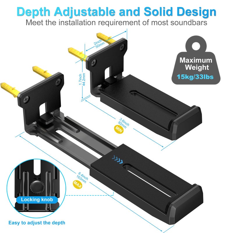 ZUOLACO Soundbar Wall Mount Bracket for Samsung, Bose, Vizio, LG, Sony, JBL, Sonos and More Sound Bar Mounts Under TV, Hold up to 33 lbs, Depth Adjustable 3.6â€-6.4â€, Soundbar Shelf, Black - Image 3