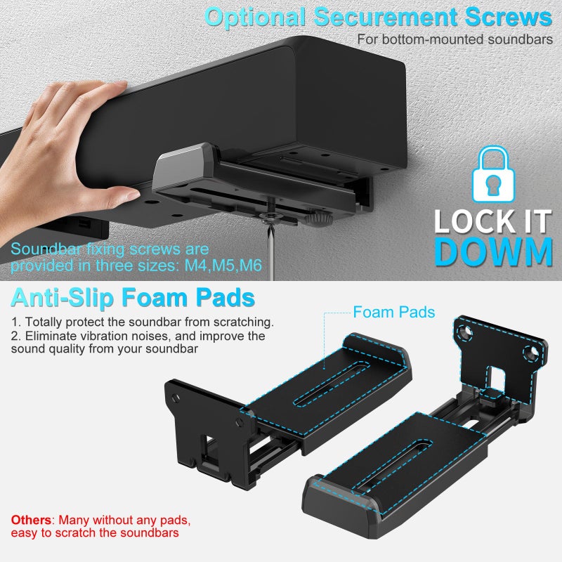 ZUOLACO Soundbar Wall Mount Bracket for Samsung, Bose, Vizio, LG, Sony, JBL, Sonos and More Sound Bar Mounts Under TV, Hold up to 33 lbs, Depth Adjustable 3.6â€-6.4â€, Soundbar Shelf, Black - Image 4