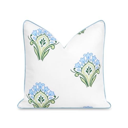 Hofdeco Premium Coastal Patio Indoor Outdoor Throw Pillow Cover Only 20x20 Water Repellent for Backyard Couch Baby Blue Green Floral with Piping - Image 1