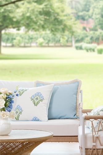 Hofdeco Premium Coastal Patio Indoor Outdoor Throw Pillow Cover Only 20x20 Water Repellent for Backyard Couch Baby Blue Green Floral with Piping - Image 3