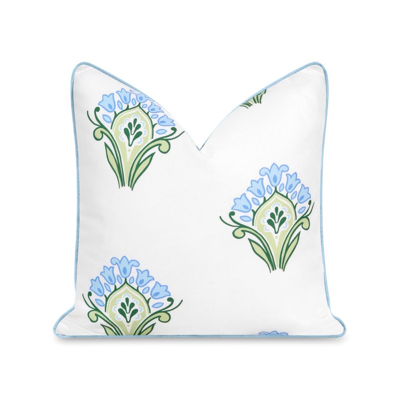 Hofdeco Premium Coastal Patio Indoor Outdoor Throw Pillow Cover Only 20x20 Water Repellent for Backyard Couch Baby Blue Green Floral with Piping - Image 2
