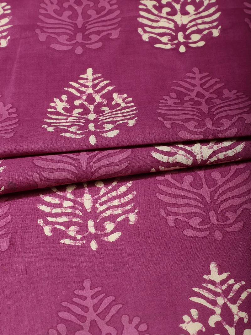 أيه كيه إس Hand Block Leaf Motif Print Fabric in Magenta