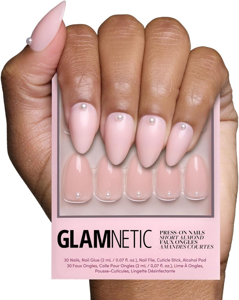 Glamnetic Repeated detach compatible build Press On Nails - Wifey | Short Almond Fake Nails, Nude with 3D Nail Art and Glossy Finish, Salon Quality | 15 Sizes - 30 Nail Kit with Glue Easy transit optimized build - Image 1