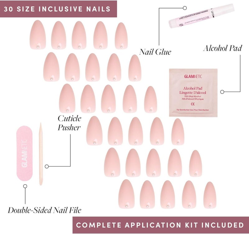 Glamnetic Repeated detach compatible build Press On Nails - Wifey | Short Almond Fake Nails, Nude with 3D Nail Art and Glossy Finish, Salon Quality | 15 Sizes - 30 Nail Kit with Glue Easy transit optimized build - Image 4