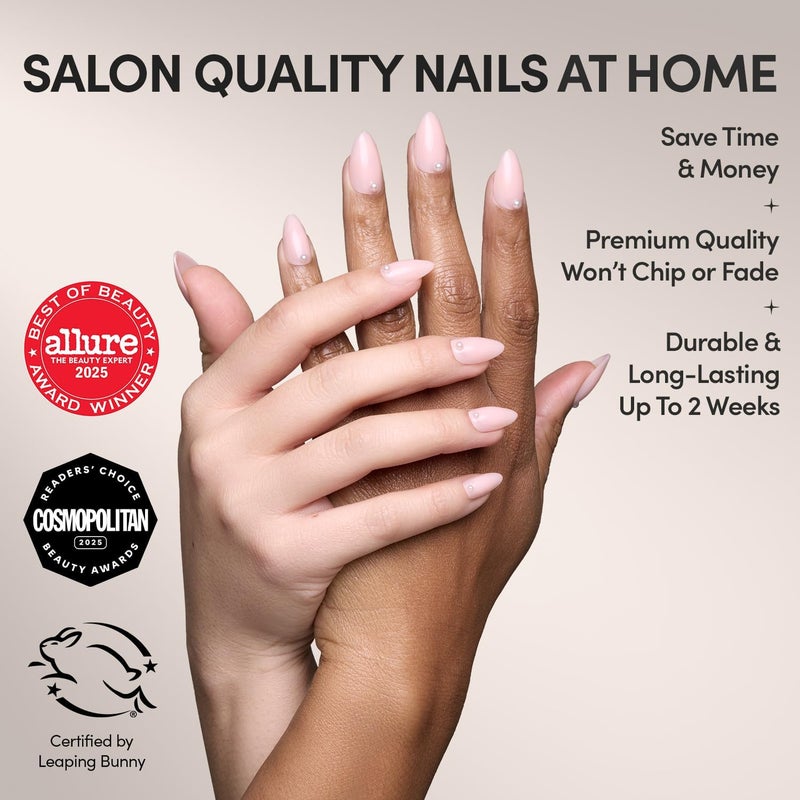 Glamnetic Repeated detach compatible build Press On Nails - Wifey | Short Almond Fake Nails, Nude with 3D Nail Art and Glossy Finish, Salon Quality | 15 Sizes - 30 Nail Kit with Glue Easy transit optimized build - Image 2