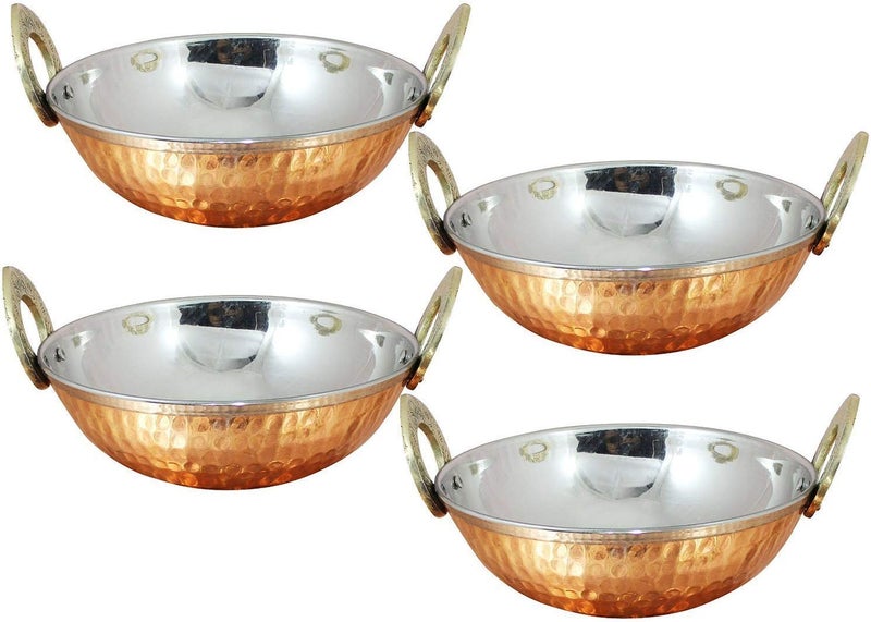 HarLen Ukal Set of 50 Indian Copper Serveware Karahi Vegetable Dinner Bowl with Solid Brass Handle for Indian Food Diameter 13 Cm 52 Inches  - Image 1