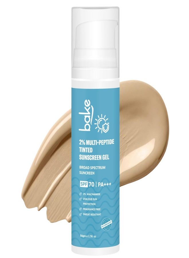 BAKE 2% Multi Peptide Tinted Sunscreen SPF 70 PA+++ with 2% Niacinamide | Water & Sweat Resistant, Broad Spectrum Sunscreen | For All Skin Types | For Men & Women - 50g - Image 1