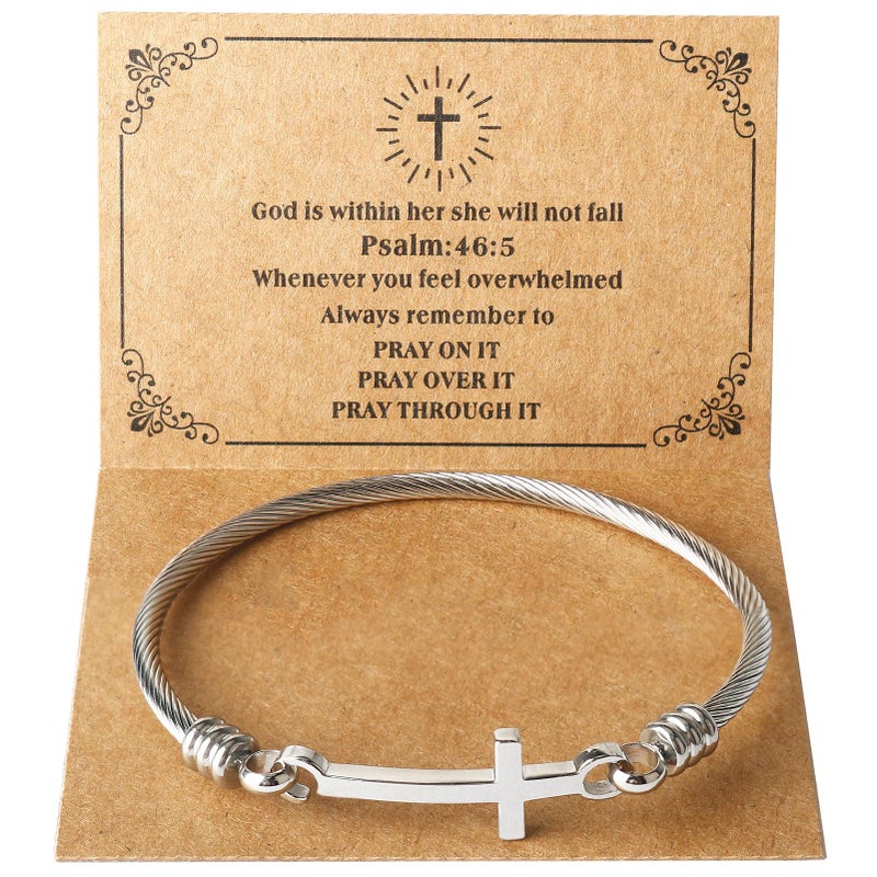DS Religious Gift for Her Christian Cross Bracelet Bible Verse God is Within Her She Will Not Fall Inspirational Bracelets For Women Stainless Steel Jewelry Gift To Daughter Best Friend (Silver) - Image 1