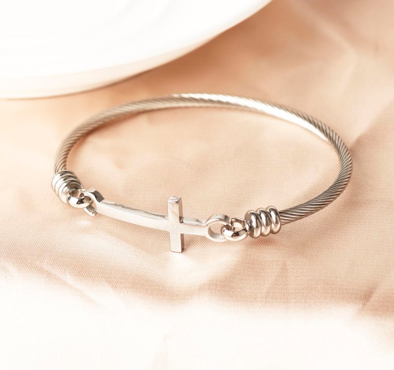 DS Religious Gift for Her Christian Cross Bracelet Bible Verse God is Within Her She Will Not Fall Inspirational Bracelets For Women Stainless Steel Jewelry Gift To Daughter Best Friend (Silver) - Image 3