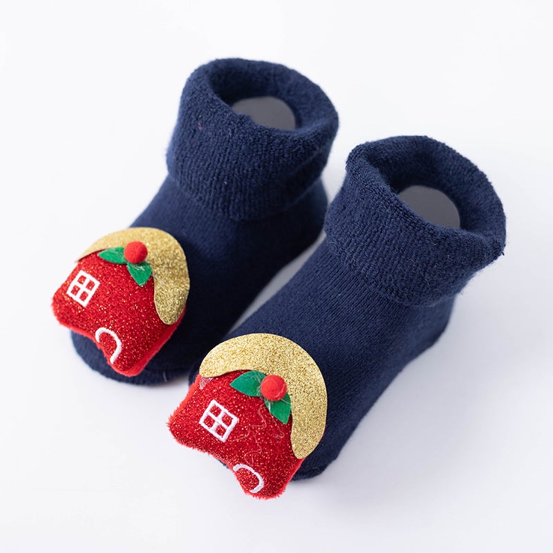 Baby Socks Terry Thick Warm Cartoon Newborn Baby Floor Socks Christmas Red Children Socks - Image 1