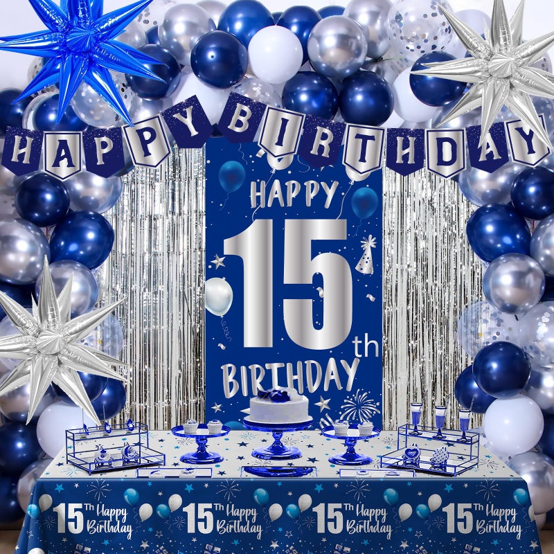Pounira 15th Birthday Decorations for Boys Girls Blue Happy 15th Birthday Decorations Boy 15 Birthday Door Banner 15 Year Old Boy Bday Party Decor with Tablecloth Foil Backdrop Star Balloons for 15th Boys - Image 3