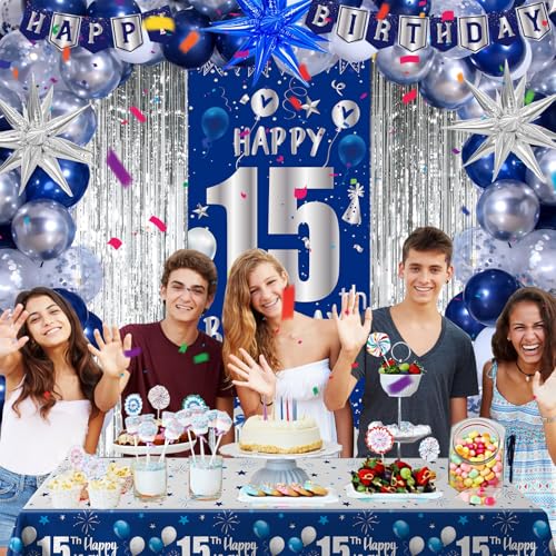 Pounira 15th Birthday Decorations for Boys Girls Blue Happy 15th Birthday Decorations Boy 15 Birthday Door Banner 15 Year Old Boy Bday Party Decor with Tablecloth Foil Backdrop Star Balloons for 15th Boys - Image 5