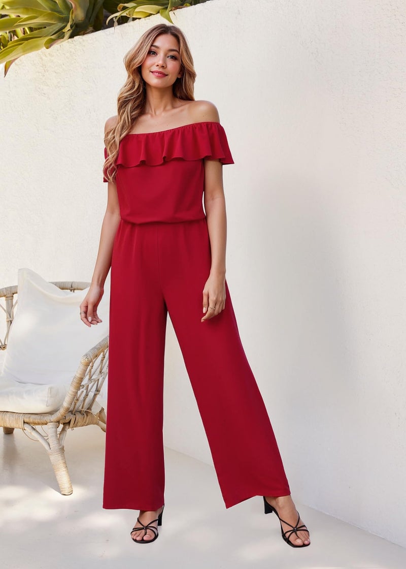 Hybrid & Company Women's Lightweight Off Shoulder Jumpsuit – Stretchy Wide Leg Romper – Casual to Formal One Piece Outfit KPVJ47696 RED M - Image 5