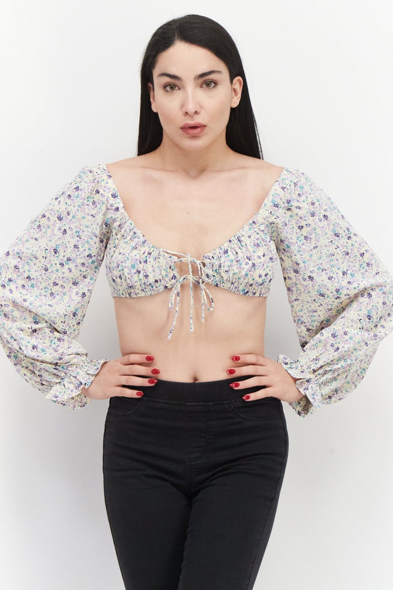 Love Triangle Women Tie Neck Balloon Sleeve Floral Pattern Crop Top, Multicolor - Image 1