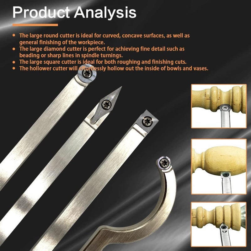 Carbide Tipped Wood Lathe Turning Tools Set, Latest Lathe Rougher Finisher Swan Neck Hollowing Tools and Interchangeable Aluminum Alloy Grip Handle with Diamond Round Square Carbide Inserts - Image 3
