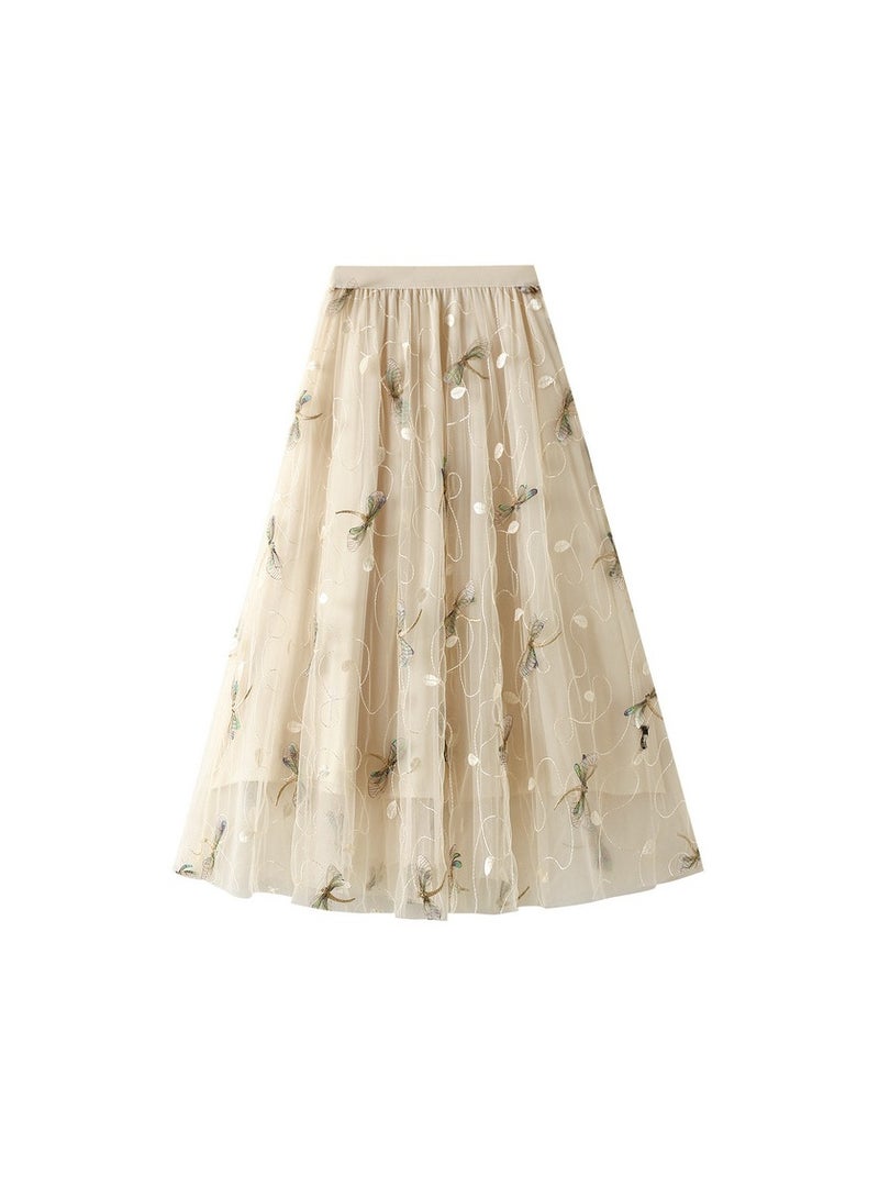 Loquat Women's Dragonfly Embroidered Mesh Skirt Long Dress Beige  - Image 1