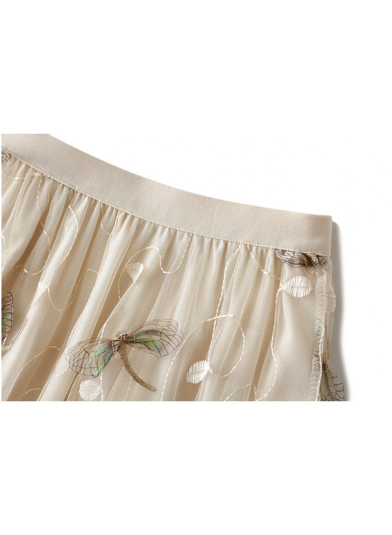 Loquat Women's Dragonfly Embroidered Mesh Skirt Long Dress Beige  - Image 2