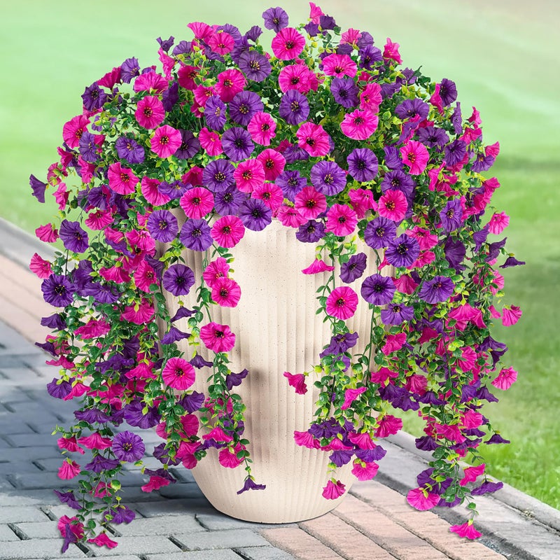 Hrobek Artificial Hanging Petunias Flowers for Outdoor 2pcs Fake Plants Long Vine Morning Glory Eucalyptus UV Resistant Realistic Faux Greenery Indoor Outside Patio Porch Garden Spring Summer Decor Purple - Image 2