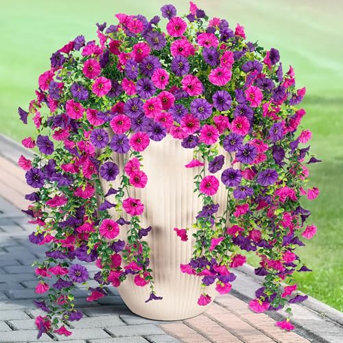 Hrobek Artificial Hanging Petunias Flowers for Outdoor 2pcs Fake Plants Long Vine Morning Glory Eucalyptus UV Resistant Realistic Faux Greenery Indoor Outside Patio Porch Garden Spring Summer Decor Purple - Image 1