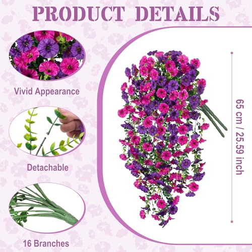 Hrobek Artificial Hanging Petunias Flowers for Outdoor 2pcs Fake Plants Long Vine Morning Glory Eucalyptus UV Resistant Realistic Faux Greenery Indoor Outside Patio Porch Garden Spring Summer Decor Purple - Image 3