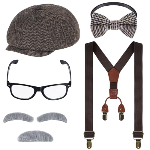 mifengda Kids Old Man Costume 100 Day of School Grandpa Costume for Boys 1920s Old Man Outfit Halloween Old Man Costume Dress Up Set Including Hat Bow Tie Beard Eyebrow Suspenders Glasses for Kids Boy - Image 1
