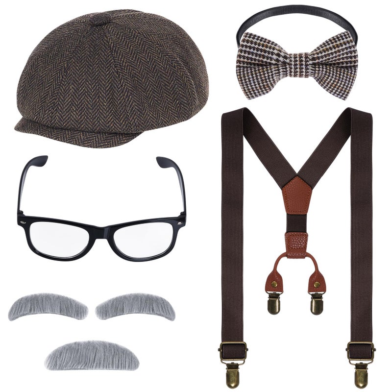 mifengda Kids Old Man Costume 100 Day of School Grandpa Costume for Boys 1920s Old Man Outfit Halloween Old Man Costume Dress Up Set Including Hat Bow Tie Beard Eyebrow Suspenders Glasses for Kids Boy - Image 3