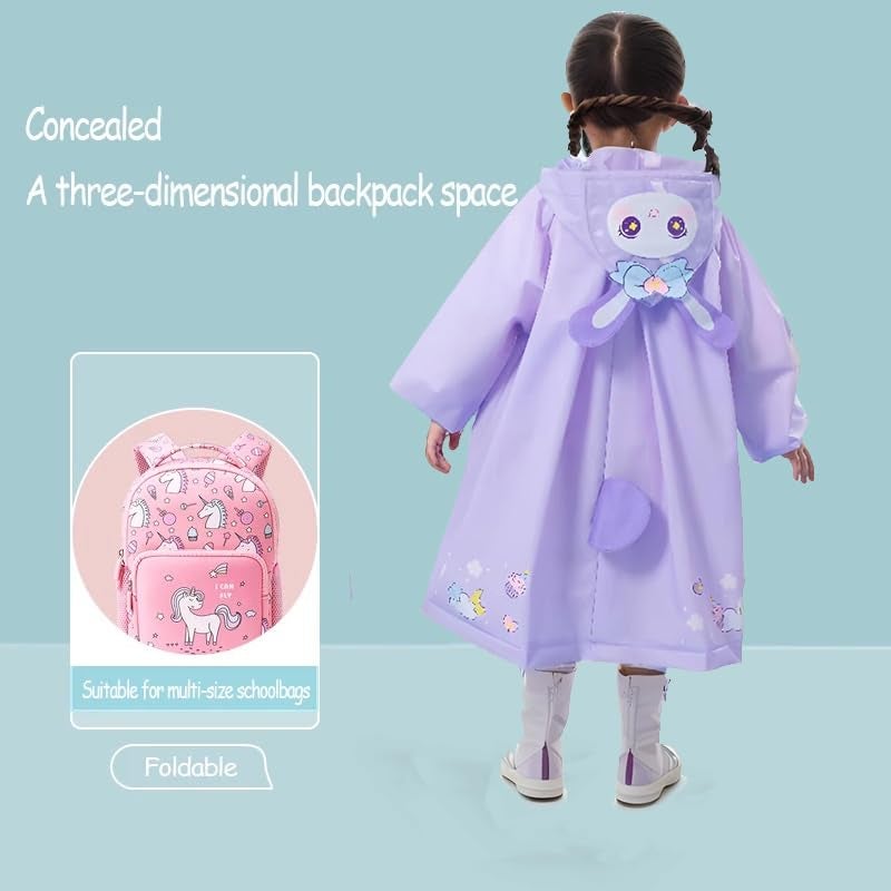Bold N Elegant 3D Kids Cartoon Soft Luxurious Waterproof Raincoat Rain Jacket Rain Suit with Backpack Space and a complimatory Storage Pouch for Kids Boys n Girls (IN, Age, 5 Years, 7 Years, Purple) - Image 4