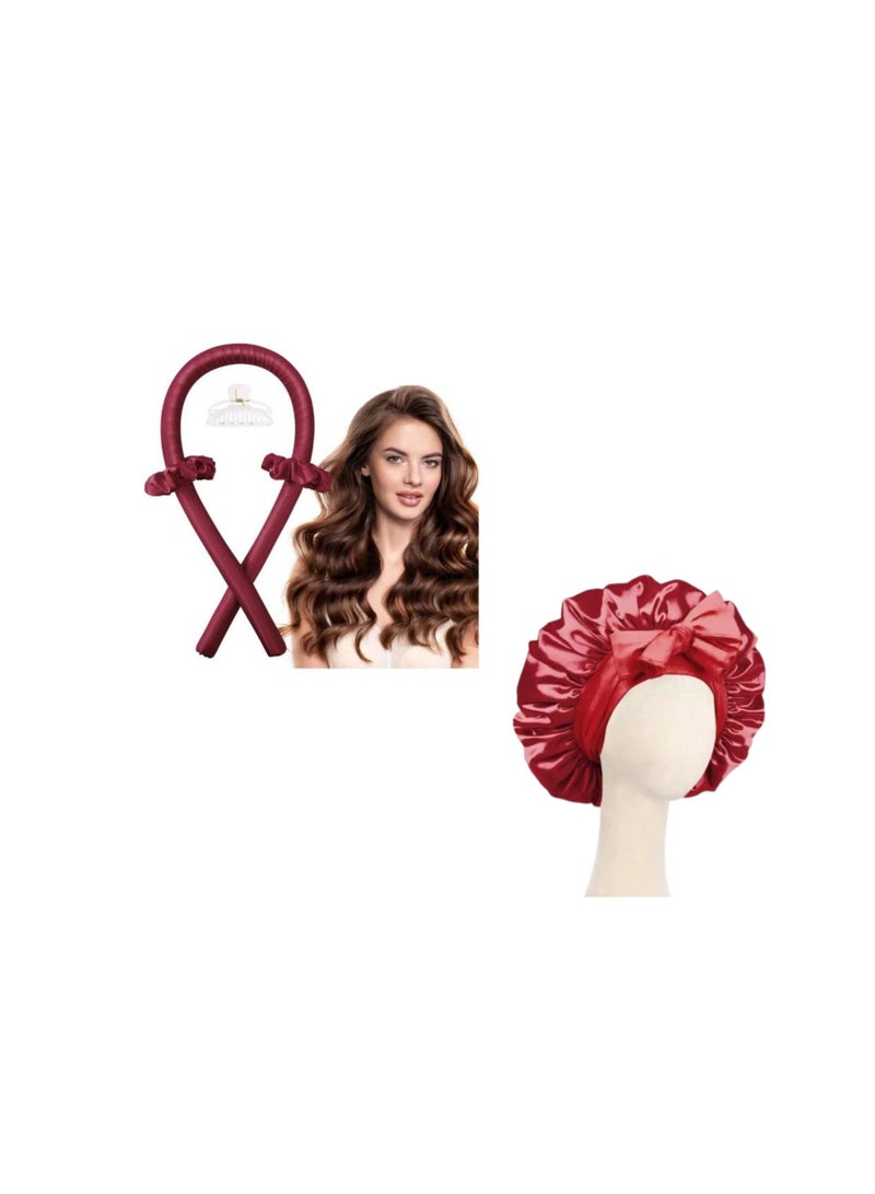 Elegant Silk Sleep Bonnet for Women, Single Layer Satin Fabric, High-Tech Care, Can Be Worn While Sleeping, Plus Sponge Headband for Heatless Curling at Night for a Gorgeous Natural Look, Dark Red - Image 1