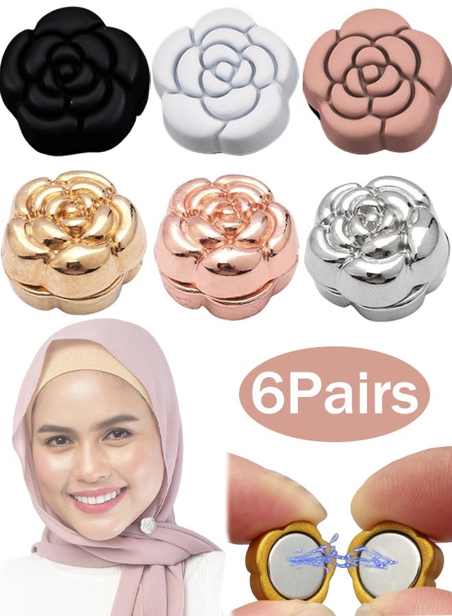 Camellia Style Strong Magnetic Hijab Pins 6 Pack Powerful Hijab Magnets Multi-Use Pinless Hijab Magnetic Pins Colorful Magnet Pins Scarf Magnetic Pin No-Snag Brooch Clasp for Clothes Dress Scarves