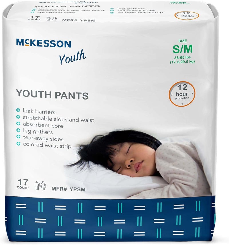 McKesson Youth Training Pants 17 Count Overnight Disposable Pull Up Diapers SmallMedium 3865 lbs Absorbent 12 Hour Leak Protection with Leg Gathers and TearAway Sides for Boys or Girls - Image 1