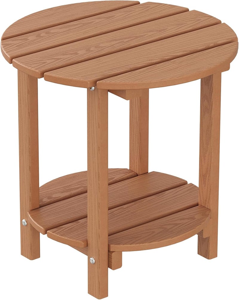 LOENIY 2 -Tier Outdoor Side Table HDPE Adirondack Table Patio Side Table with Wood-Like Grain Weather Resistant End Table Small Outdoor Table (Round, Teak) - Image 1
