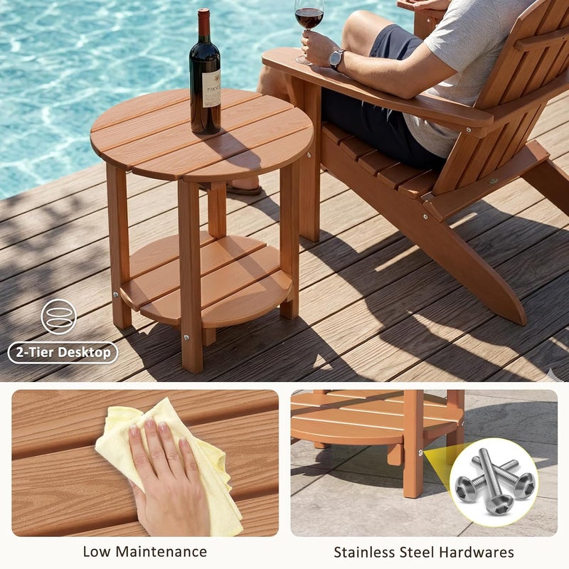 LOENIY 2 -Tier Outdoor Side Table HDPE Adirondack Table Patio Side Table with Wood-Like Grain Weather Resistant End Table Small Outdoor Table (Round, Teak) - Image 4