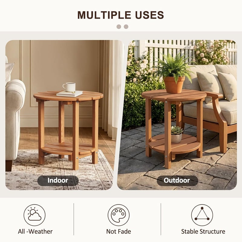 LOENIY 2 -Tier Outdoor Side Table HDPE Adirondack Table Patio Side Table with Wood-Like Grain Weather Resistant End Table Small Outdoor Table (Round, Teak) - Image 5