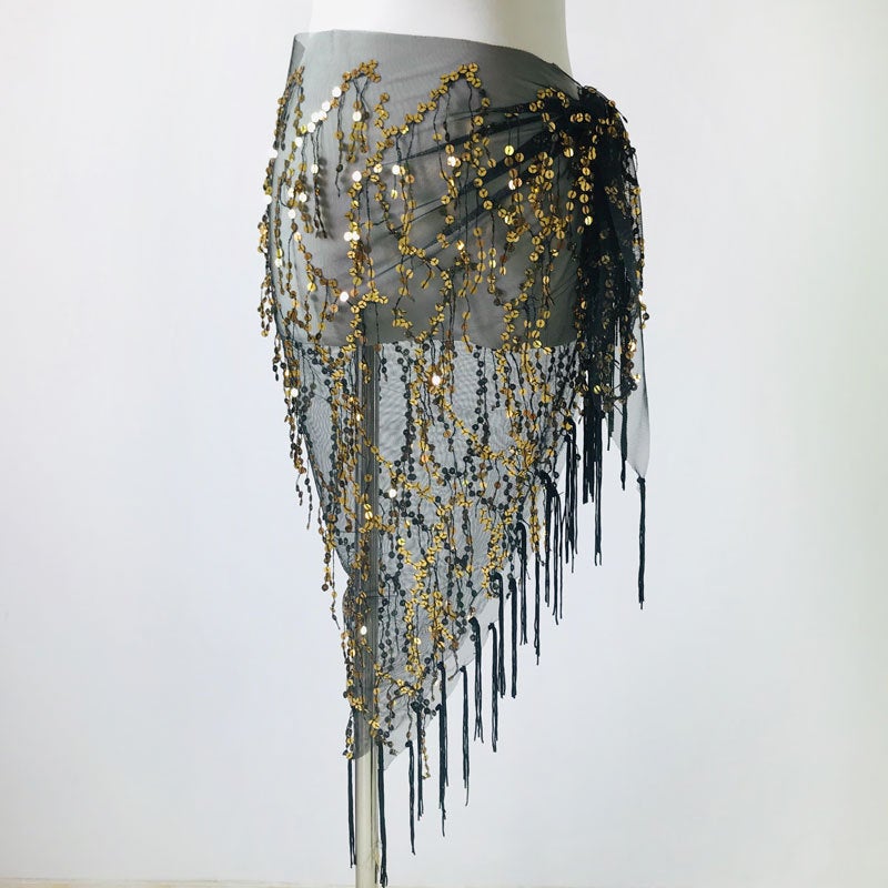In stock belly dance waist chain beginner Indian dance practice hip towel tassel sequined triangle towel belt performance waist towel Black Gold