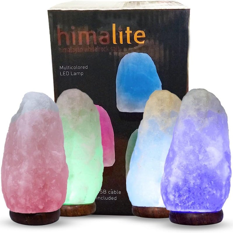 Himalite Store مصباح ملح هيمالايا نقي بتغيير اللون الأبيض LED بارتفاع 7 بوصات مع محول USB وقاعدة خشبية مهرجان الأضواء مصباح الملح الأبيض - Image 2