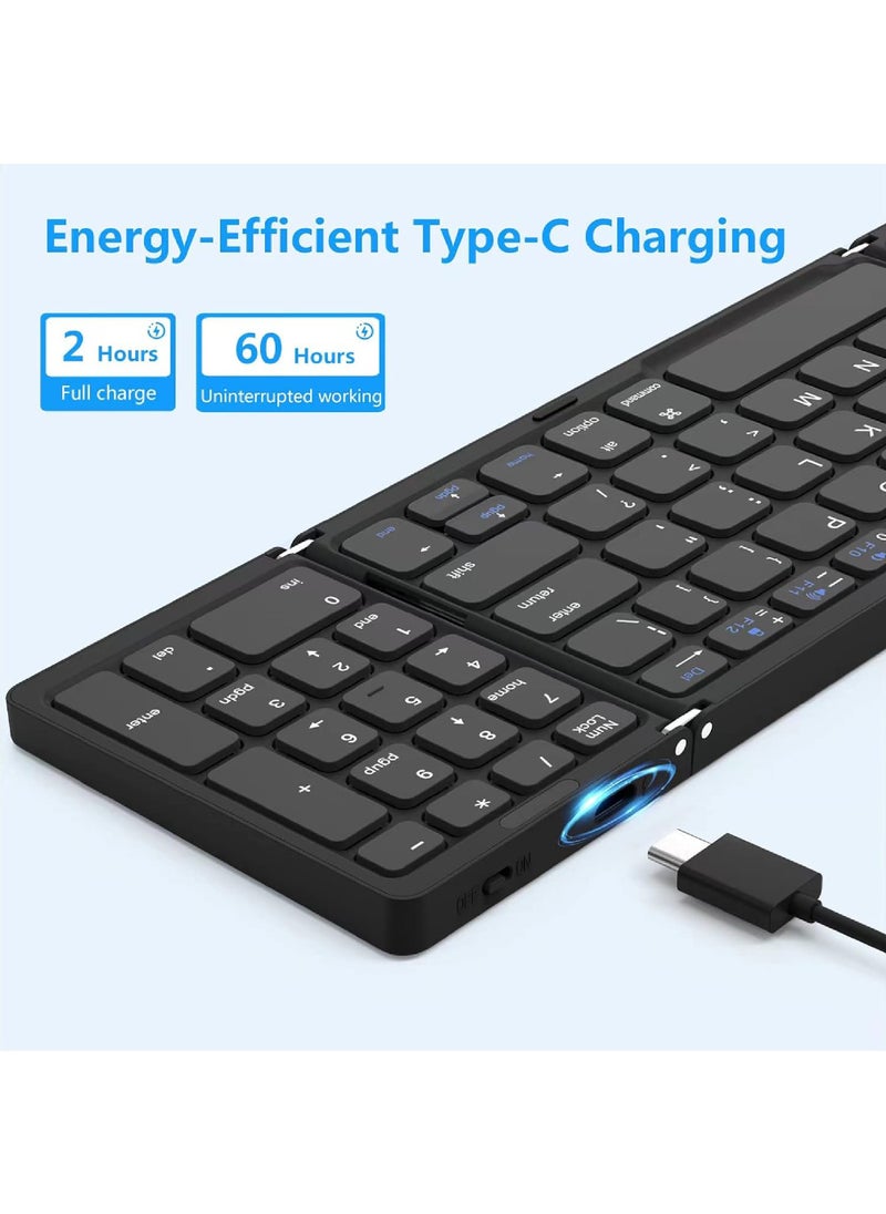 Rock Pow - Foldable Bluetooth Keyboard Folding Wireless Portable Keyboard with Numeric Keypad USB-C Rechargeable for iOS Android Windows System Laptop Tablet Smartphone Device - Image 1