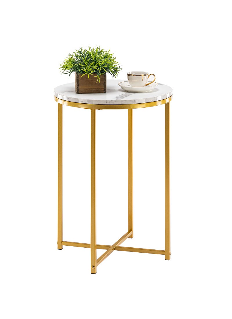 TECHMILLY TECHMILLY Round End Table Faux Marble Sofa Table Accent Side Table with Metal Frame Modern Gold Nightstand Tall Coffee Table for Living Room Bedroom 