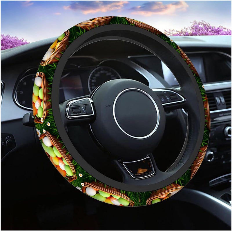 Swono Easter Eggs Universal Neoprene Steering Wheel Cover Colorful Easter Eggs in Basket Grass 15 Inch Steering Wheel Covers, Printed Steering Wheel Elastic Protection for Women and Girls - Image 1