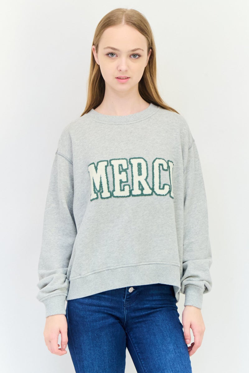 Aerie Women Crew Neck Embroidered Long Sleeve Sweatshirt, Grey - Image 1