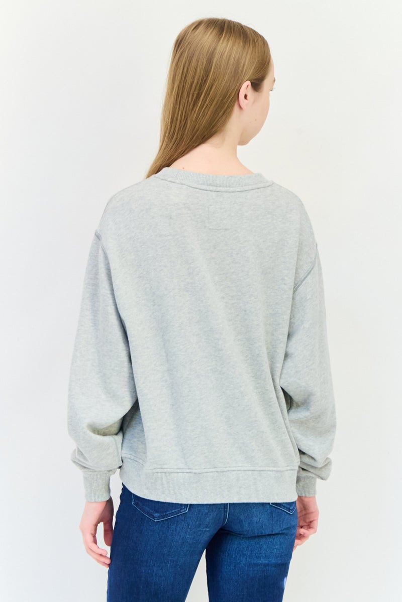 Aerie Women Crew Neck Embroidered Long Sleeve Sweatshirt, Grey - Image 2