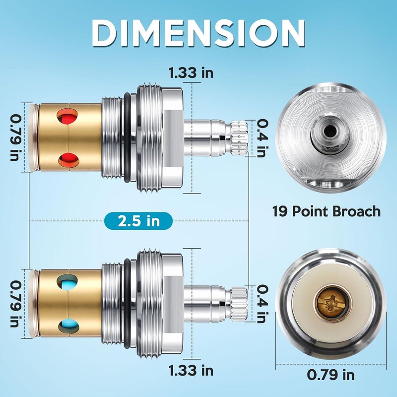Enhon Hot and Cold Stem Compatible with 6N-7H and 6N-7C, Stem with Bonnet & Cap Compatible with Kohler Tub and Shower Faucets, for 2 Handle Faucets, Brass and Chrome, Set of 2 - Image 2
